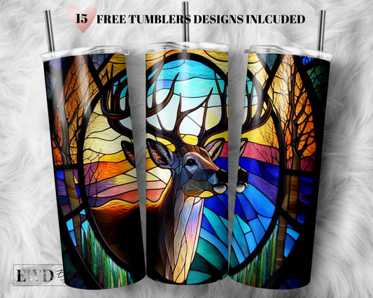 Stained Glass Deer 20 oz Skinny Tumbler Sublimation Design Digital Download PNG Instant DIGITAL ONLY, Deer Tumbler