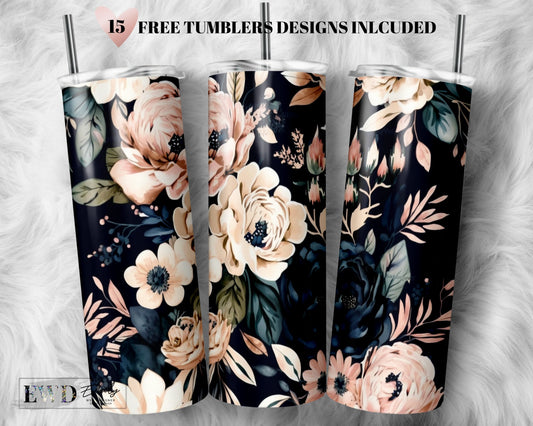 Floral Tumbler Wrap Navy and Blush Flowers Sublimation Seamless Designs - Skinny Tumbler 20oz Design - PNG 2023