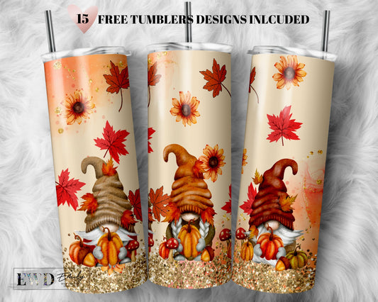 Fall Gnome Tumbler Wrap PNG, Fall Lover, 20 oz Skinny Sublimation Tumbler Designs for Tumbler Digital Download