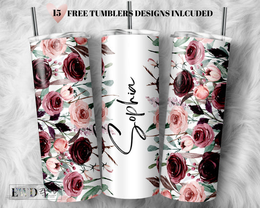 Add Your Own Name Blush and Burgundy Floral Sublimation Tumbler Seamless Sublimation Designs Downloads - Skinny Tumbler 20oz Design - PNG