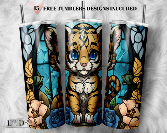 Stained Glass Baby Tiger 20 oz Skinny Tumbler Sublimation Design Digital Download PNG Instant DIGITAL ONLY, Pet Tumbler png