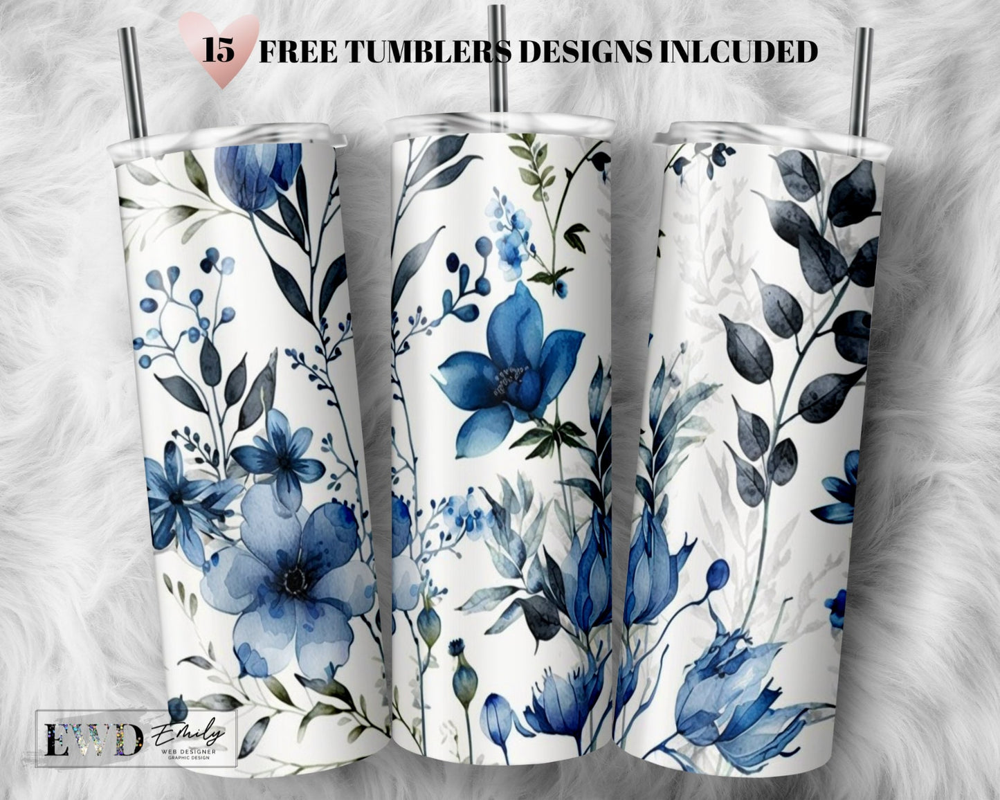 Floral Tumbler Wrap Blue Flowers Sublimation Seamless Designs - Skinny Tumbler 20oz Design - PNG 2023
