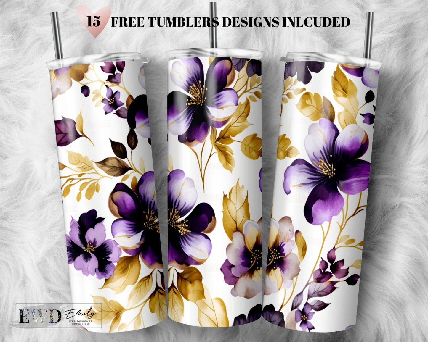 Floral Tumbler Wrap Purple and Gold Flowers Sublimation Seamless Designs - Skinny Tumbler 20oz Design - PNG 2023
