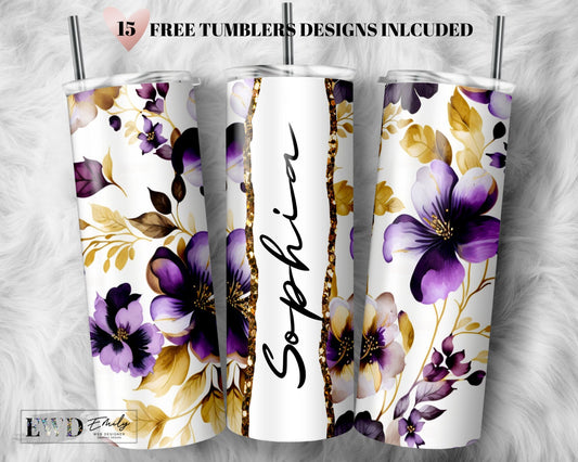 Add Your Own Name Purple Floral Sublimation Tumbler Seamless Sublimation Designs Downloads - Skinny Tumbler 20oz Design - PNG