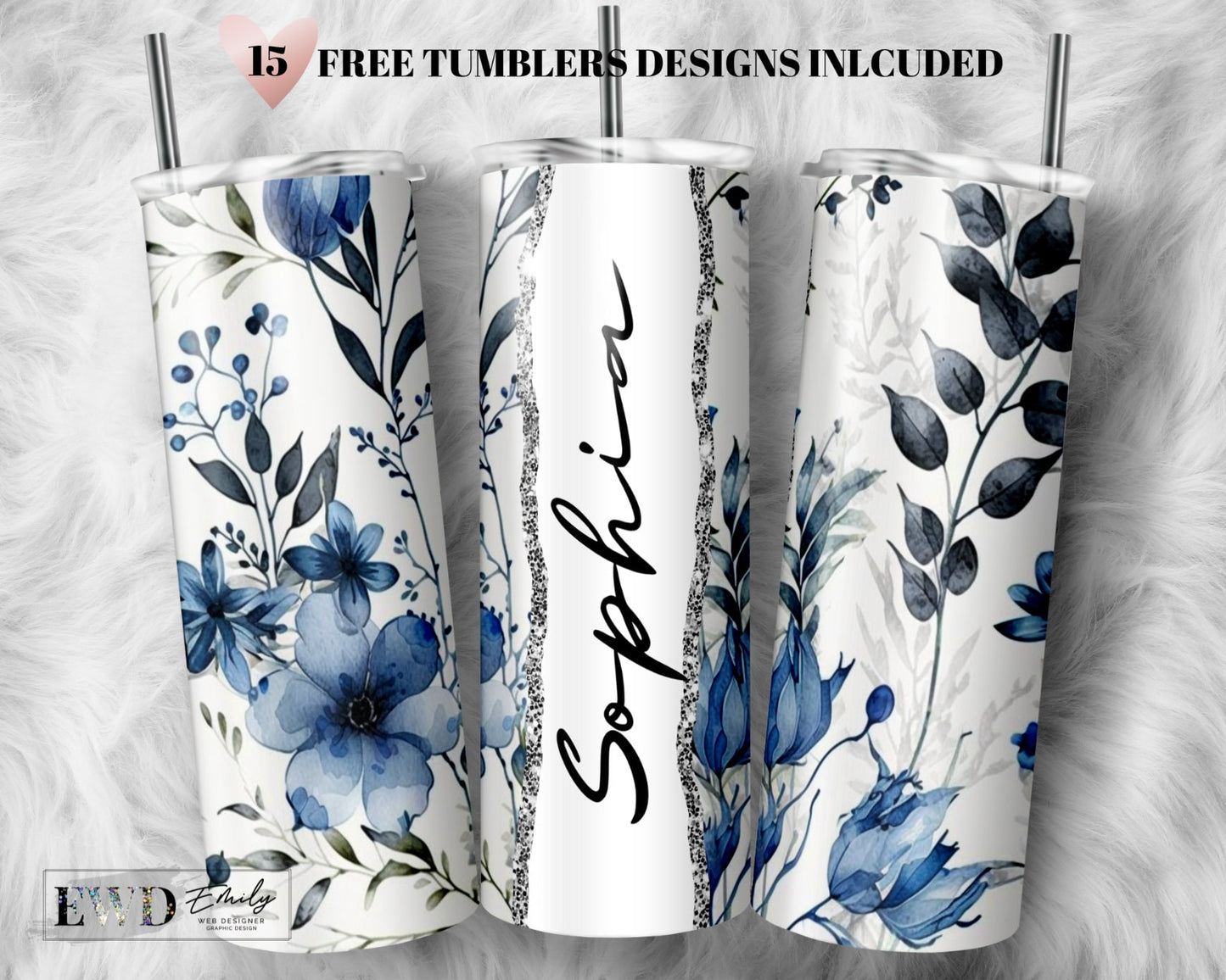 Add Your Own Name Blue Floral Sublimation Tumbler Seamless Sublimation Designs Downloads - Skinny Tumbler 20oz Design - PNG