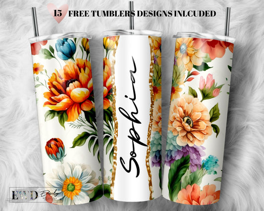 Add Your Own Name Colorful Floral Sublimation Tumbler Seamless Sublimation Designs Downloads - Skinny Tumbler 20oz Design - PNG