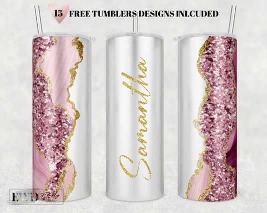 Add Your Own Text / Name Pink Agate Gold marble Glitter Sublimation Tumbler Designs - 20oz Skinny Tumbler Templates - PNG