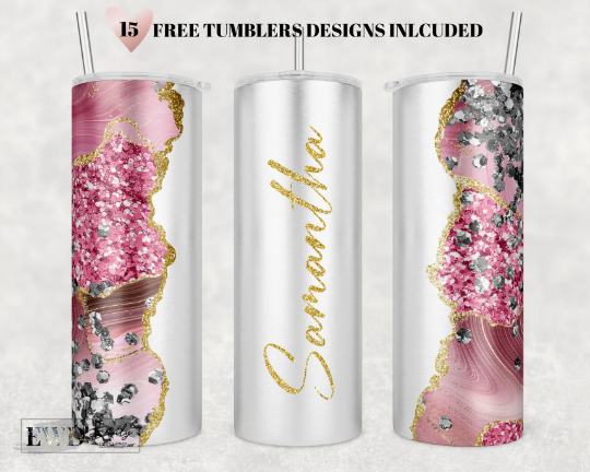 Add Your Own Text / Name Pink Agate Gold marble Glitter Sublimation Tumbler Designs - 20oz Skinny Tumbler Templates - PNG