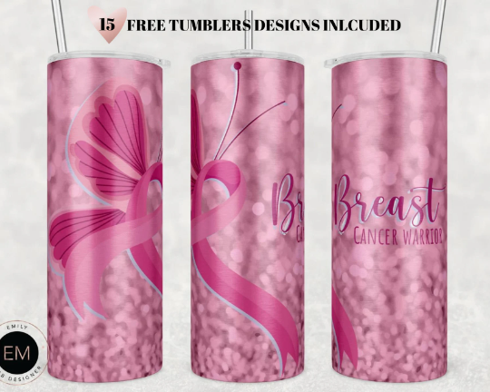 Breast Cancer Tumbler PNG, Breast Cancer Warrior Tumbler Sublimation Design Download, Seamless 20oz Skinny Tumbler Design PNG, Awareness