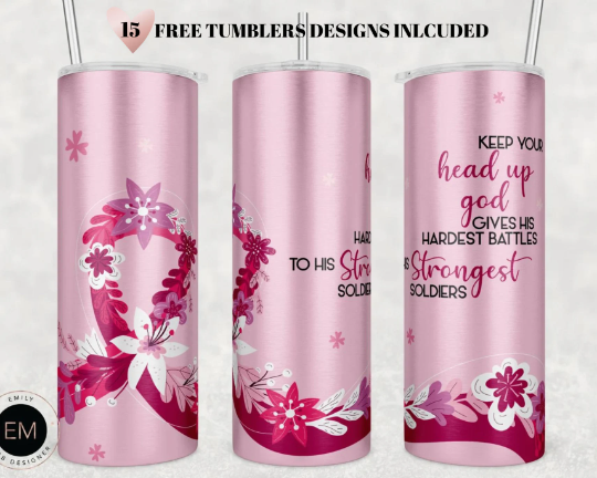 Breast Cancer Tumbler PNG, Breast Cancer Warrior Tumbler Sublimation Design Download, Seamless 20oz Skinny Tumbler Design PNG, Awareness