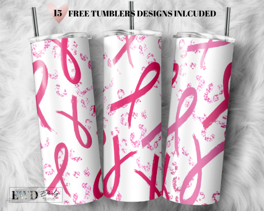 Breast Cancer Tumbler PNG, Breast Cancer Warrior Tumbler Sublimation Design Download, Seamless 20oz Skinny Tumbler Design PNG, Awareness